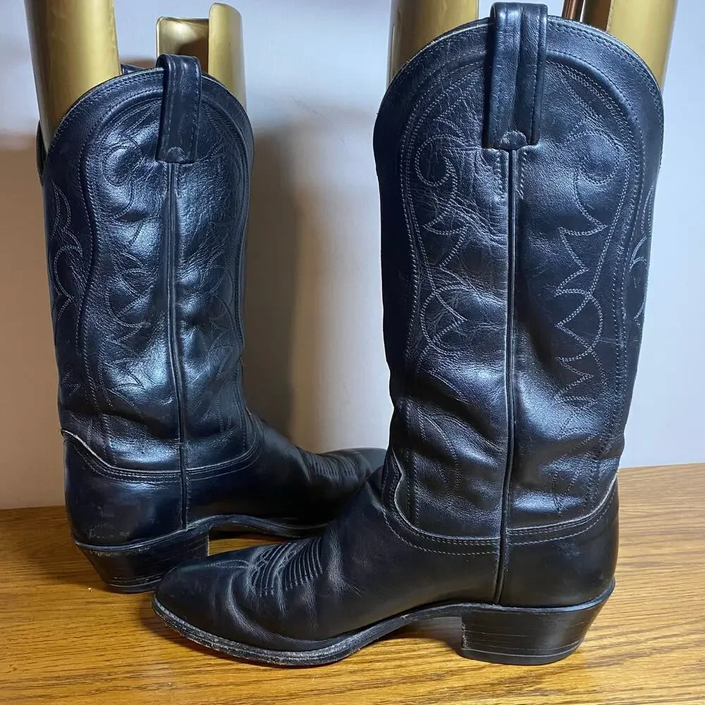 Vintage Dan Post Black Leather Stitched Western Cowboy Boots Mens 9 D USA 6984